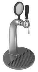 Stainless steel beer pump tower with single faucet, handle, drip tray and LED medallion. 3d illustration isolated on white