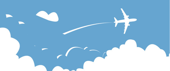 Top view of a commercial plane with clouds and long shadow on a blue background.