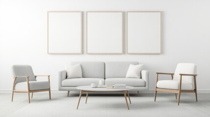 minimalist living room with mid-century modern sofa accent chair and coffee table surrounded by walls adorned with