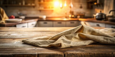 Rustic Wooden Table with Beige Fabric Drape - Kitchen Food Photography Background