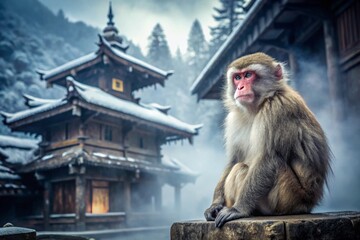 Naklejka premium Sacred Japanese Macaque: Spiritual Serenity in Mountain Temple