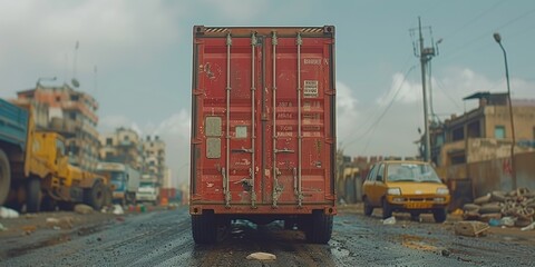 Shipping container on an urban street, amidst vehicles, buildings, and signs of activity in an industrial area, under a cloudy sky, showcasing urban transport and infrastructure