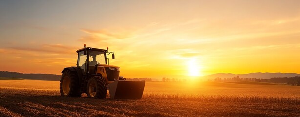 Fototapeta premium A serene sunset view of a tractor working in a golden field, capturing the essence of agriculture and farming in the twilight hours.