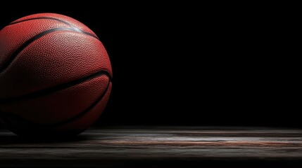 Obraz premium Red basketball on a wooden surface in a dark studio setting