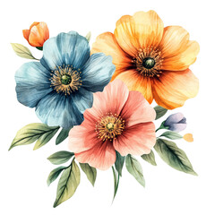 Beautiful watercolor flowers in vibrant colors and lush leaves isolated on transparent background
