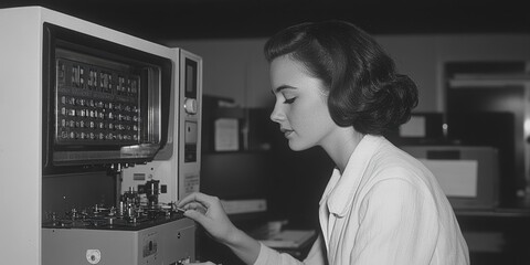 A woman operates a vintage computing machine in a historical technology setting, showcasing the early stages of computer science and data processing innovation from mid-20th century
