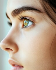 Obraz premium A close-up portrait of a young person showcasing captivating eyes with unique colors, highlighting beauty and emotion with a soft focus background.