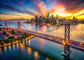 Fototapeta premium San Francisco Bay Bridge Aerial Drone Shot: Embarcadero Cityscape & Bokeh
