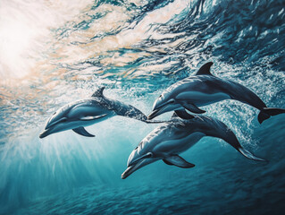 Obraz premium Three dolphins swimming gracefully in vibrant underwater scene, showcasing their sleek bodies and playful nature. sunlight filters through water, creating serene atmosphere