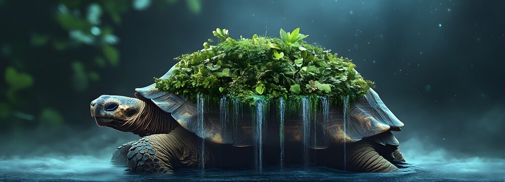 A giant tortoise with a lush rainforest growing on its shell, slowly moving through a misty valley with waterfalls cascading from its back