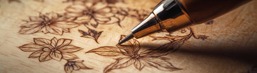 Naklejka premium close up view of woodburning pen creating intricate floral designs on wood, showcasing meticulous craftsmanship and artistic expression involved in pyrography