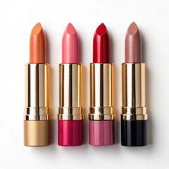 "Luxury Lipstick Collection in Various Shades on White Background"