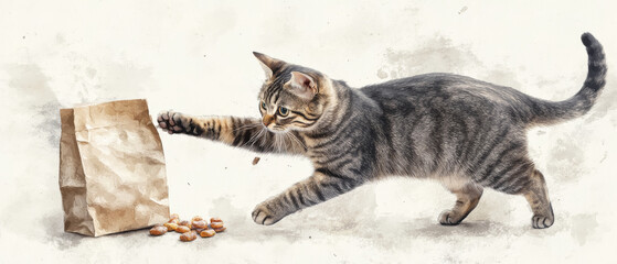 Naklejka premium playful feline reaching for bag of treats, showcasing its curiosity and agility. cat striped fur and focused expression highlight its playful nature