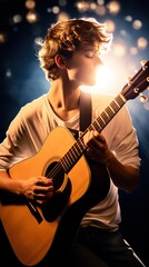 Obraz premium Young musician passionately performing on acoustic guitar at a live concert, guitarist guy is captivating the audience with an energetic show under dramatic stage lights and a vibrant atmosphere