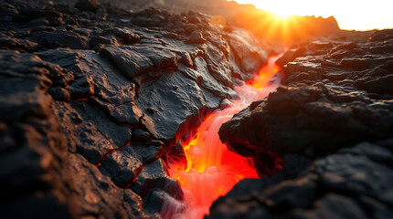 A fiery and intense background featuring molten lava flowing through cracked volcanic rock. The glowing orange and red tones contrast with the dark, rugged surface. Created with generative AI.