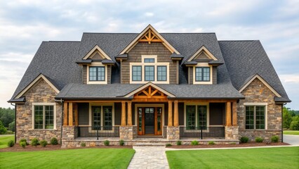 Beautiful Modern Home Exterior and outdoor. Elegant stone house with a charming design and large front porch, surrounded by greenery.