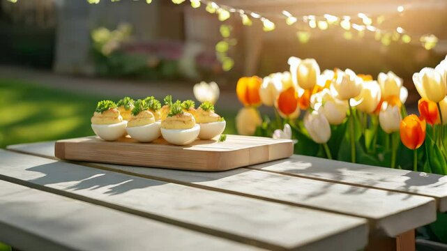 Light yet flavorful Easter snacks shine on a festive spring table, celebrating fresh and simple ingredients.