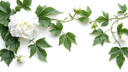 White peony flower with leaves and buds on white backdrop for decorative design