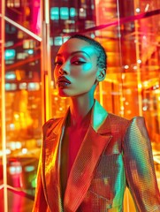 Obraz premium A fashion portrait of a model in a tailored suit with bold futuristic cuts, reflecting 2025's structured elegance trend