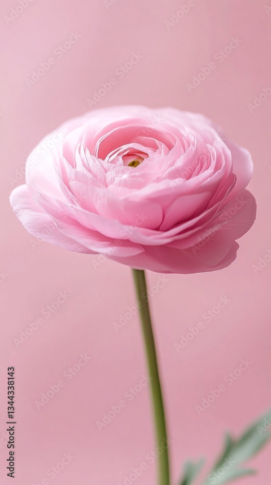 Poster a stunning ranunculus flower displays its soft pink petals on a slender stem, set against a gentle p