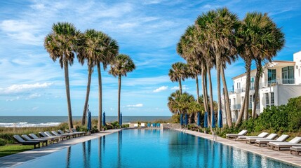 Naklejka premium Resort pool with palm trees, ocean view.
