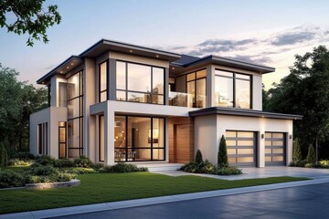 Fototapeta premium Beautiful Modern Home Exterior and outdoor. Modern two-story house with large windows and landscaped yard, showcasing contemporary architecture.