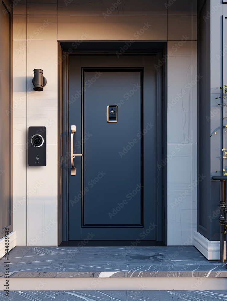 Poster modern front door with smart lock and video doorbell in a stylish entryway, enhancing home security 