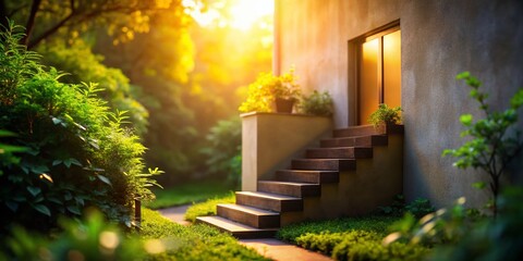 Obraz premium Serene Dawn: Minimalist Architecture, Staircase, and Lush Greenery - Tilt-Shift Photography