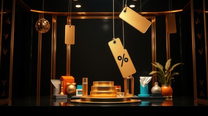 Obraz premium Elegant display with golden accents, hanging price tags suggest a special offer or discount event.