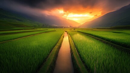 Fototapeta premium Stunning sunset over rice paddies; tranquil canal; distant village