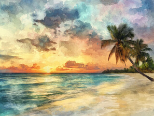 serene beach scene with crystal clear waters, vibrant s et colors, and palm trees swaying gently in breeze creates tranquil atmosphere perfect for relaxation