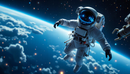 A dramatic space image of an astronaut hovering near a station, illuminated by the sun’s soft glow and distant stars.