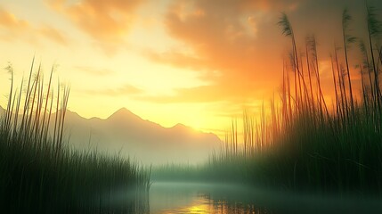 Sunrise Over Misty River with Reeds and Distant Mountain View