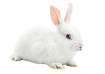 Fototapeta premium Small white bunny with pink ears sitting isolated on white background