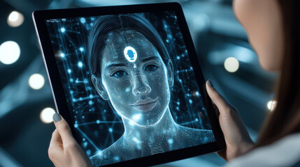 Person holds tablet displaying face recognition interface, showcasing technology and innovation in digital identification