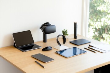neatly arranged desk brimming with modern educational gadgets like tablets vr headsets and smart pens basking in gentle