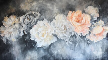 Floral Oil Painting Displaying Colors of Peach, Ivory, Grey over Dark Background