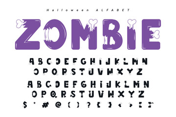 Halloween font mystery type, horror alphabet typeface vector typography set with spooky holiday monsters silhouettes. Spooky alphabet letters and numbers with Halloween pumpkin, bats, ghosts, zombie