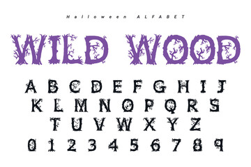 Halloween font mystery type, horror alphabet typeface vector typography set with spooky holiday monsters silhouettes. Spooky alphabet letters and numbers with Halloween pumpkin, bats, ghosts, zombie