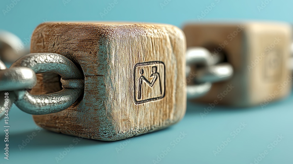 Poster a 3d rendering of a network technology concept is displayed on a wooden block with a share symbol, s