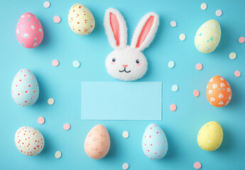 Easter bunny and colorful eggs on pastel blue background
