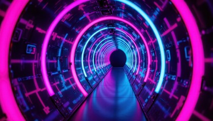 The neon glowing sci fi tunnel is a futuristic passageway lined with pulsating lights in various colors, casting an otherworldly glow that illuminates the sleek