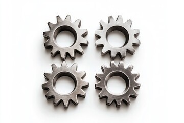 Four metallic gears interlock, symbolizing teamwork, collaboration, and efficient machinery.