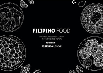 Filipino food top view vector illustration. Food menu design template. Hand drawn sketch. Filipino food menu. Vintage style.