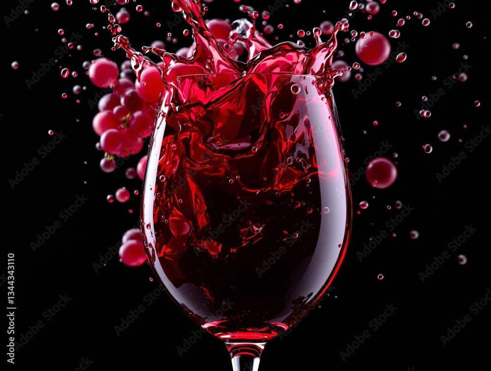 Poster a high-resolution photograph of a glass filled with a deep red liquid, likely wine, with a splash an