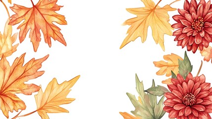Fall foliage and flower corner border, watercolor background, illustration use