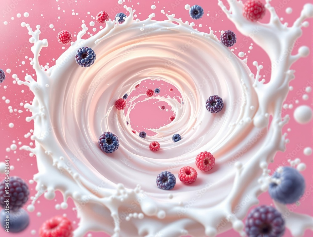 Poster a vibrant and dynamic scene of a splash of white liquid, likely milk, with a swirl of white and red 