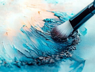 Fototapeta premium close up view of paintbrush applying vibrant blue and orange paint on textured , showcasing artistic process and creativity. brush strokes create dynamic and colorful abstract design