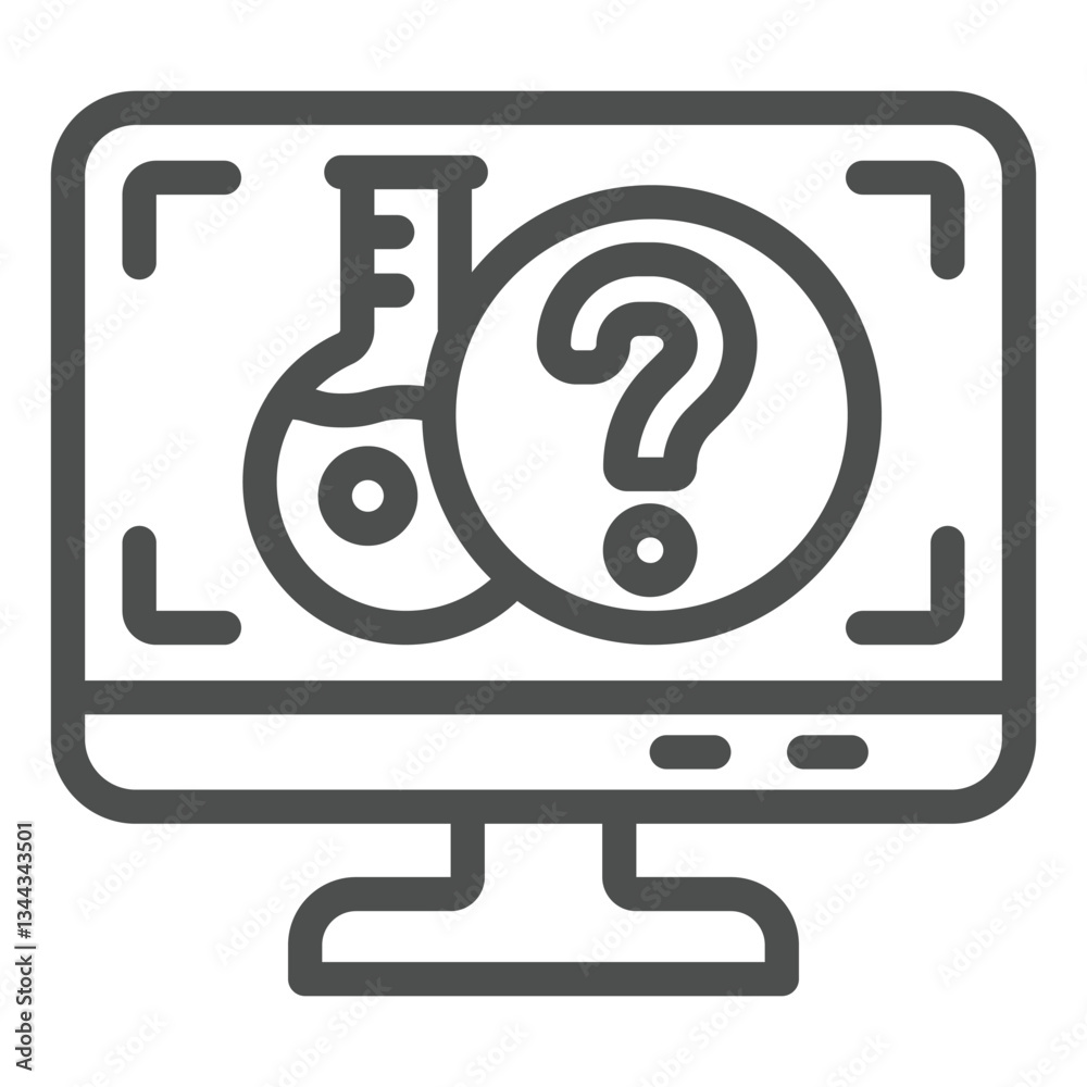 Poster monitor screen with question mark and flask line icon, clinical research concept. vector graphics. d