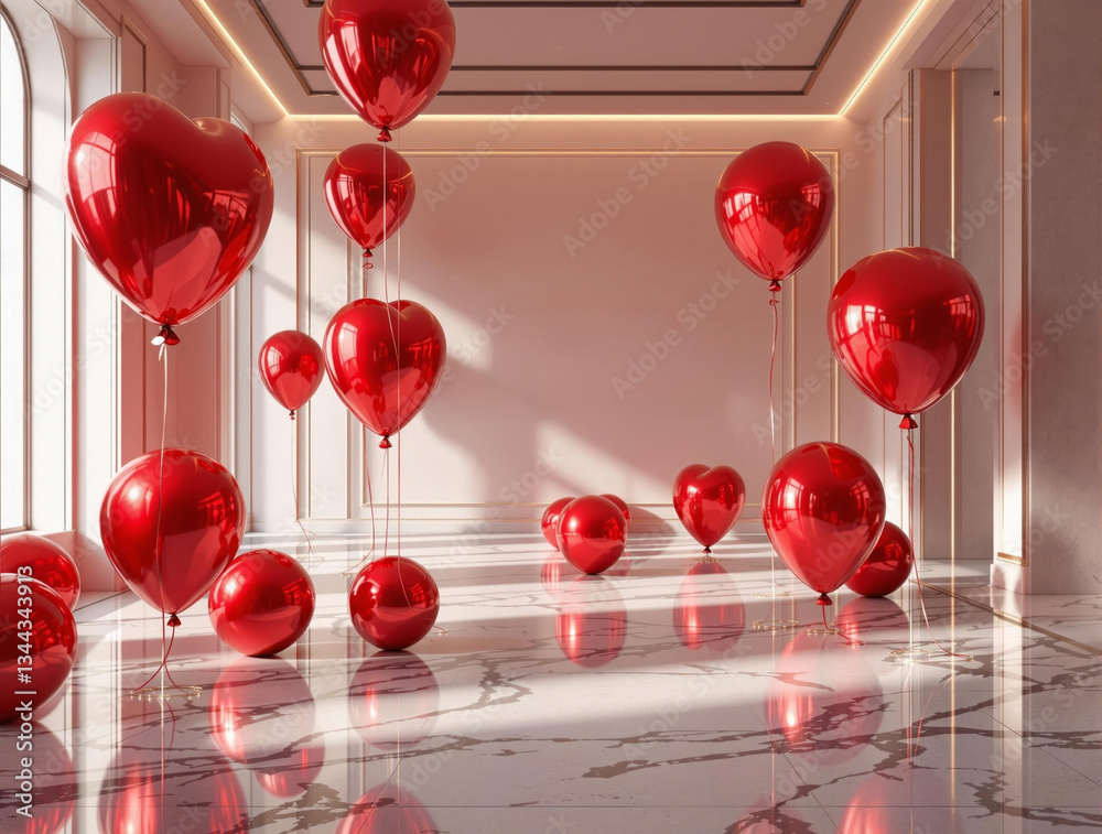 Poster A room with a polished marble floor, illuminated by a series of red heart-shaped balloons suspended from the ceiling. The walls are adorned with a subtle pattern, and the room is framed by a window on